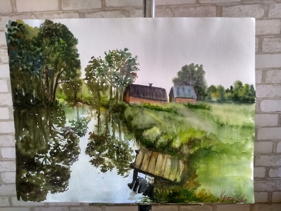 額縁付き日本田舎風景画    水彩画 田舎の風景画、オリジナルの川の水彩画、田舎の風景画 - Etsy 日本