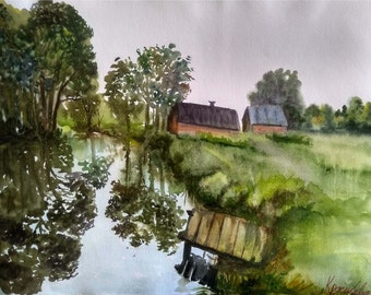 Acuarela de río (30 x 40 cm): paisaje natural original, obra de arte pintada a mano