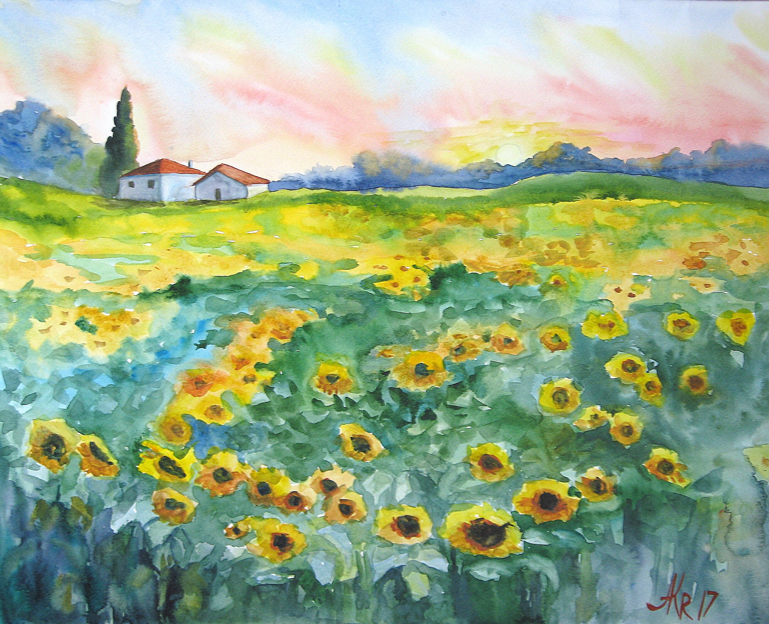 Jaune tournesol paysage aquarelle peinture art de Etsy