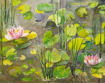Water Lily Painting: Floral Watercolor Artwork (7x11)