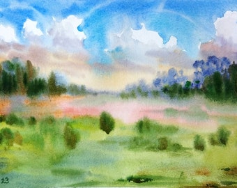 風景 水彩画 パステルカラー オリジナル水彩画「空の風景画」：曇り空のウォールアート（8x11.7