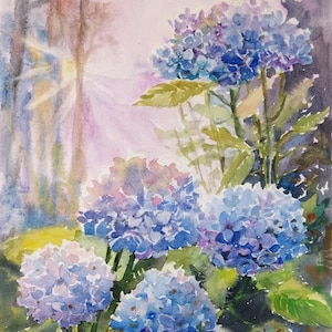 Hydrangea Flower Paintings Watercolor Floral Art Original Wall Art Blue Hydrangeas Art 10 by 12 inches