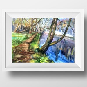 Original English River Landscape Watercolor Painting (16x19.5 in)
