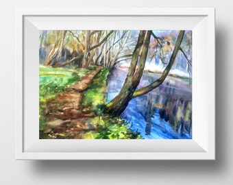 風景画 水彩画 川 アート 木々 オリジナル絵画 - Etsy 日本