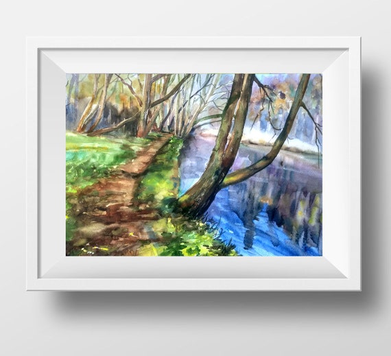 風景画 水彩画 川 アート 木々 オリジナル絵画 - Etsy 日本