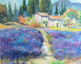 プロヴァンスのラベンダー畑の水彩画：フランスの風景画（8.3x11.4
