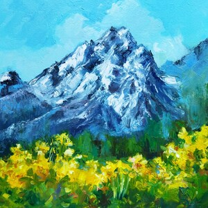 Spring Mountain Landscape Painting Original Oil Painting 14 by 14&quot; Yellow flowers impressionistic artwork