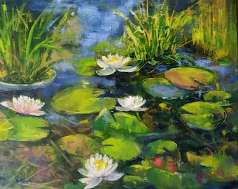 Original Painting Water Lilies Pond Landscape Impressionism 12x16 in