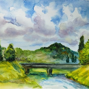 Pittura originale del paesaggio fluviale, opera d'arte originale del cielo delle nuvole dell'acquerello del paesaggio estivo