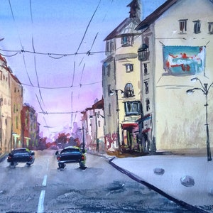 Evening Cityscape Watercolor Painting: Original Signed Art (10.5x13)