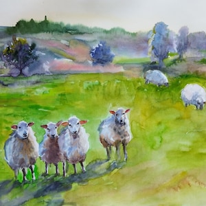 Sheep Original Painting Scottish Landscape Countryside Original Watercolor Painting