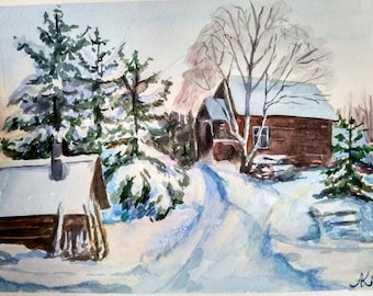 Dipinto ad acquerello originale: paesaggio invernale con baita innevata