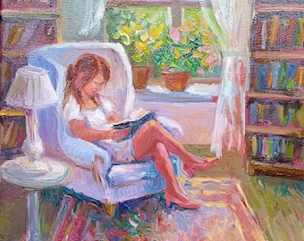 Girl Reading Painting: Original Oil on Canvas, bookshelf interior, Spring Landscape Art (8x8in)