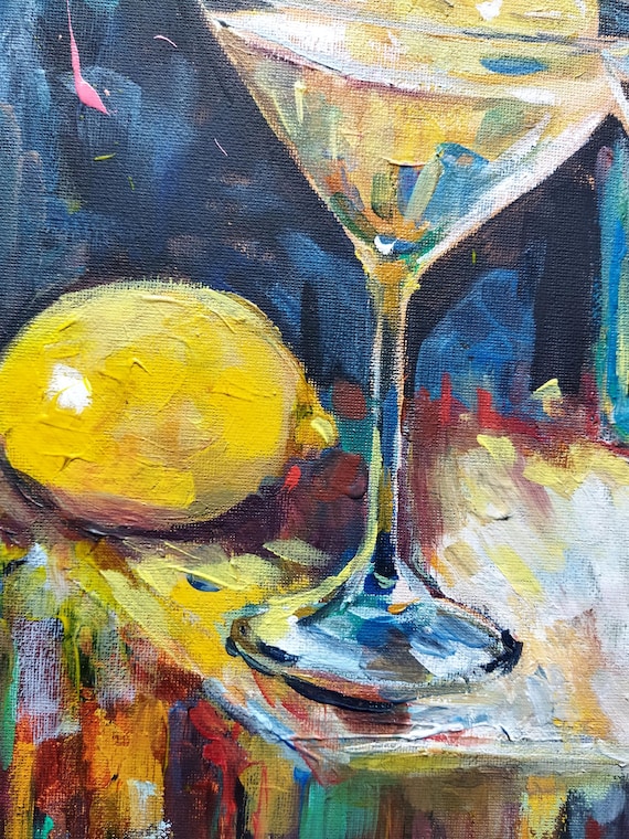 Martini Cocktail Glasses and Lemons Impressionistic Still Life