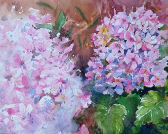 Peinture florale originale d'hortensia rose (9 x 12 pouces)