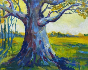 Pintura gouache de roble: arte mural original de paisaje (33 x 38 cm)