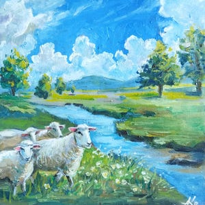 Sheep Original Oil Art River Landscape Sheep Farm Painting Countryside artwork