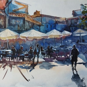 Paris Street Cafe Watercolor Painting: Sunny Cityscape Art (16x12)