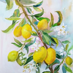 Pintura de limonero Pintura de fruta original de acuarela Pintura de árbol Arte botánico