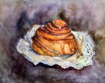 Food painting, Dessert original watercolor painting, bun still life painting kitchen art