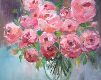 Flores de peonías rosas Pintura al óleo original sobre lienzo, Obras de arte de flores rosas, Bodegones florales