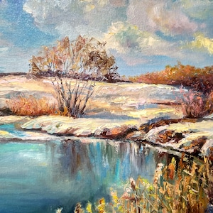 Original Gemälde, gerahmtes Ölgemälde, Gefrorener See Landschaftsmalerei