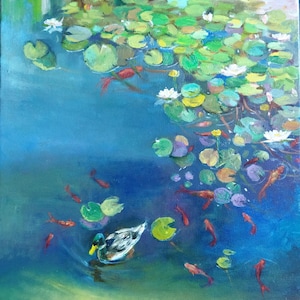 Water Lily Pond Oil Painting: Monet Style Landscape Artwork, 16x20