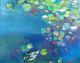 睡蓮の油絵：モネの池のアート、花の壁飾り（8x12）NatalyArtUa作
