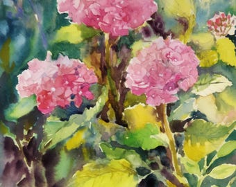 オリジナル作品：紫陽花の花束（水彩画、9×12インチ） - Etsy 日本