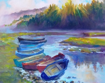 Original Ölgemälde: Segelboote am Fluss vor morgendlicher Nebellandschaft (36 x 38 cm)