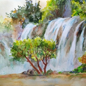 Waterfall Watercolor Painting: Original Landscape Art, 16x12