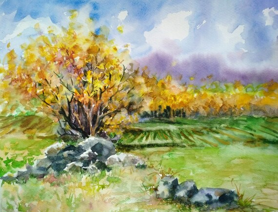 オリジナルの秋の風景水彩画：サイン入り秋のウォールアート