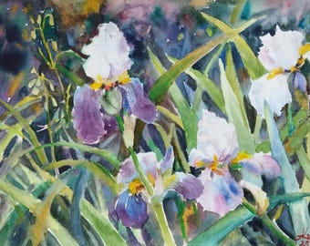 オリジナルパープルアイリス水彩画：花の壁アート（8x6） - Etsy 日本