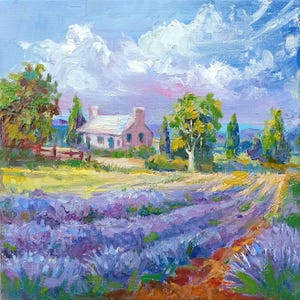 Lavendelfeld Ölgemälde: Provence Landschaft, Original Kunst (20x20)