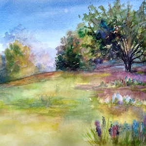 Peinture de paysage aquarelle, impression de paysage de fleurs sauvages aquarelle de prairie, fleurs de prairie, peinture impressionniste