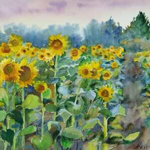Sunflower Field landscape watercolor Digital download print Wall art decor for farmhouse
