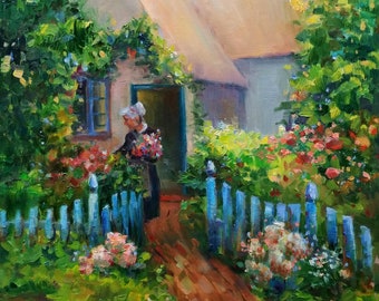 Pintura al óleo floral original: Arte de jardín campestre francés (lienzo de 49,5 x 40,6 cm)