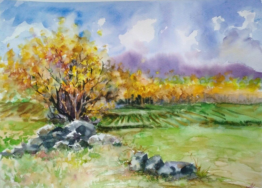 秋の風景 水彩画 額装済み 水彩画 秋の風景 カモ B5 額、マット付き 外箱あり