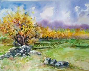 Landscape Watercolor Painting Original fall landscape painting Watercolor autumn wall art