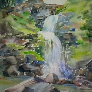 Original Waterfall Watercolor Painting: Landscape Home Decor (11x16 inches)