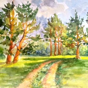 Pine Forest Landscape: Original Watercolor Painting (7x9.8 in)