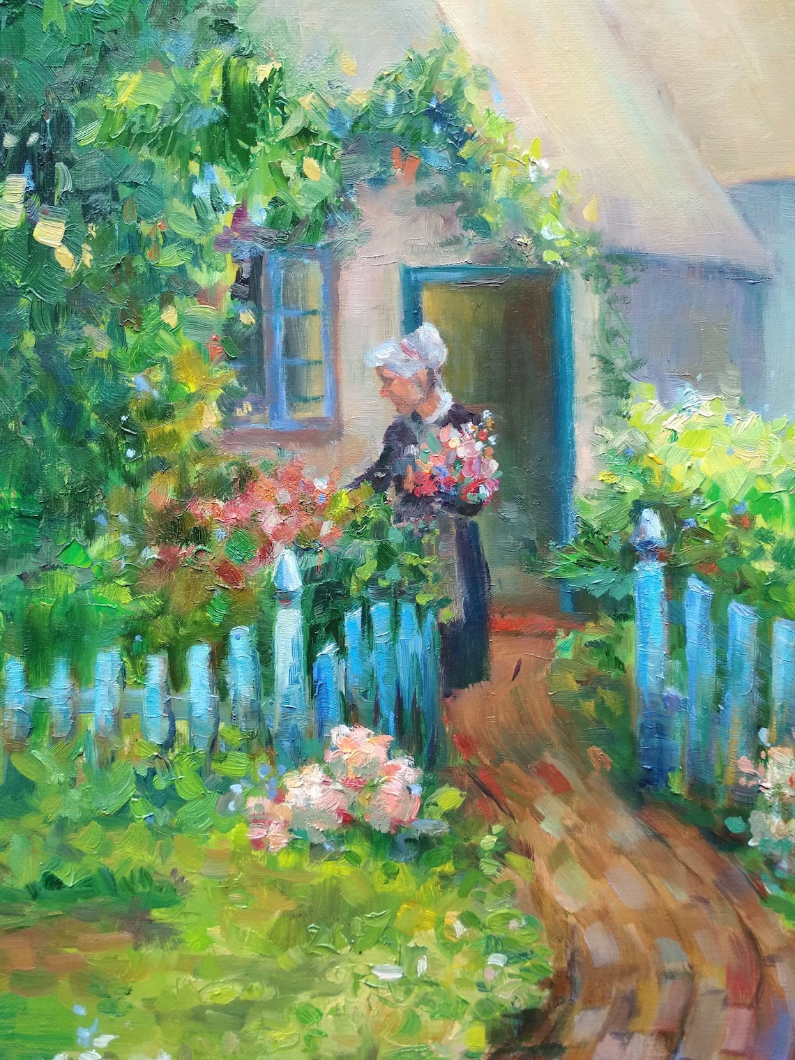 Blooming Garden Art French Countryside Landscape Painting Rose Etsy