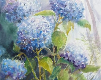 Original Watercolor Painting Hydrangea Flowers Misty Garden Impressionist 12x16 inches Handmade Wall Art