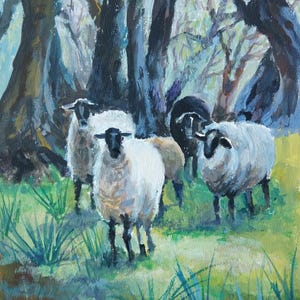 Sheep Original Gouache Scottish Landscape Sheep Farm Painting 9x12in