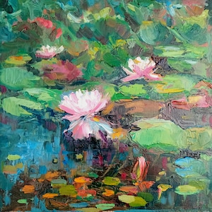 Water Lily Oil Painting: Monet Pond Landscape Artwork (12x12)