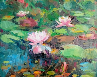 水蓮の油絵です 睡蓮の油絵：モネの池の絵、花の壁飾り（8x12） - Etsy 日本
