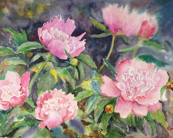 Original Pink Peony Watercolor Painting: Floral Wall Art (11x16 inches)