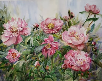Ukrainian Wall Art Original Peony Watercolor painting Bright Pink Peony Wall Art Floral Pink Flower