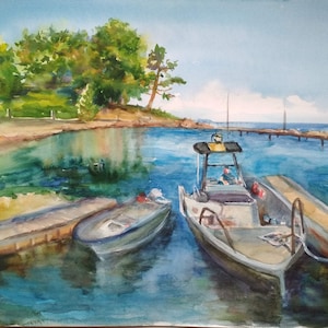 Original Watercolor Boat Painting: Coastal Seascape Art (50x35cm)