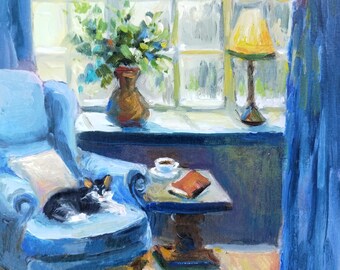 Original painting of a French interior, Favorite armchair, cats painting, window scene 8*8 inches